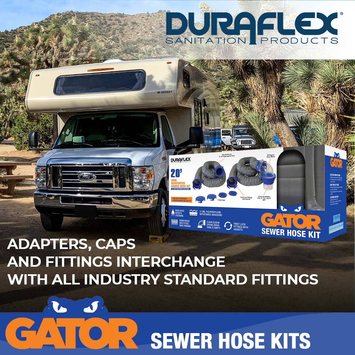 Duraflex Sewer Hose, 20 ft Extended Length, 76 in Compressed Length, 3 in Hose Diameter - 22004