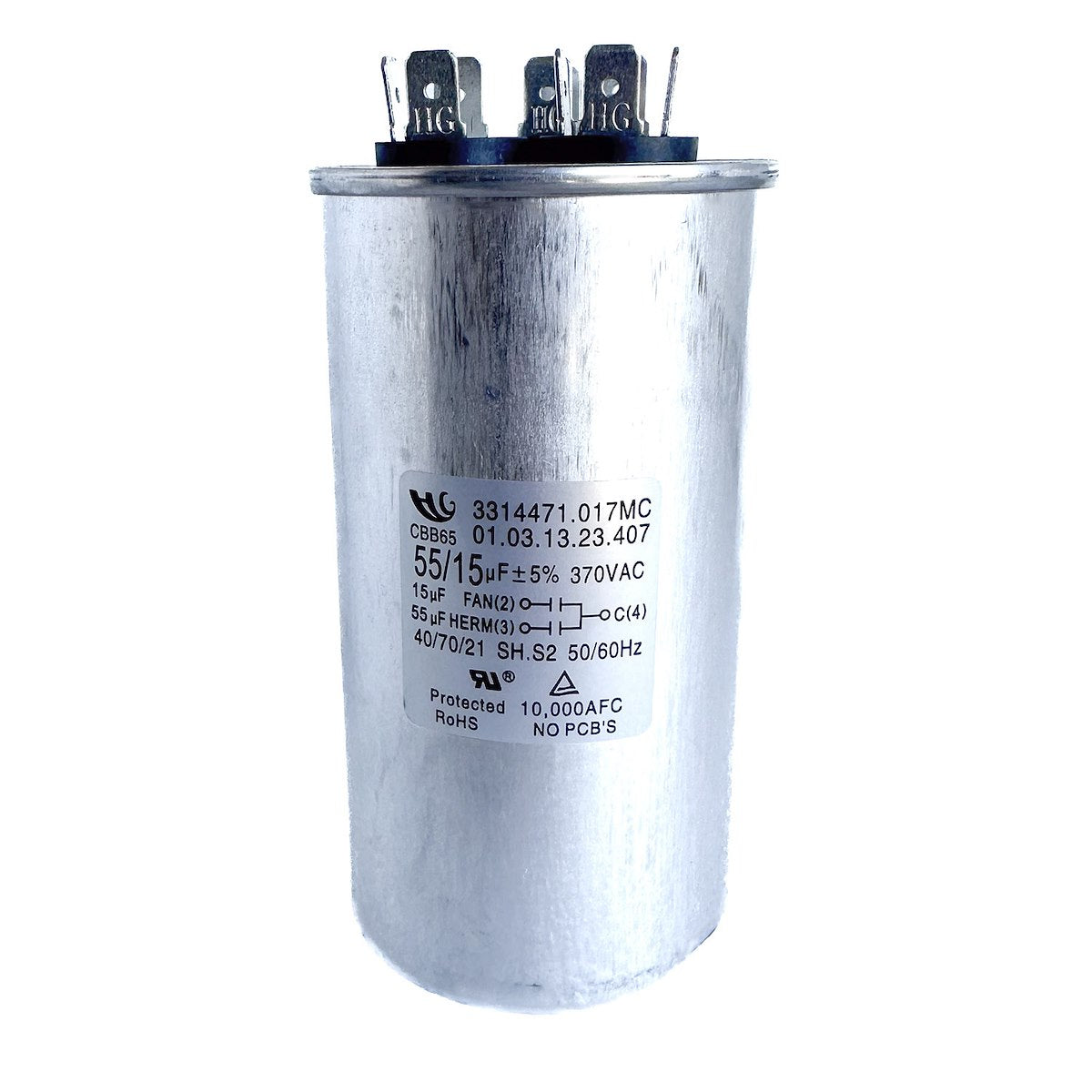 M.C. Enterprises Air Conditioner Capacitor, 55/15 Microfarad, 370 V AC, 4-5/8 in Height x 2-1/8 in Diameter Overall Dimension - 3314471.017MC