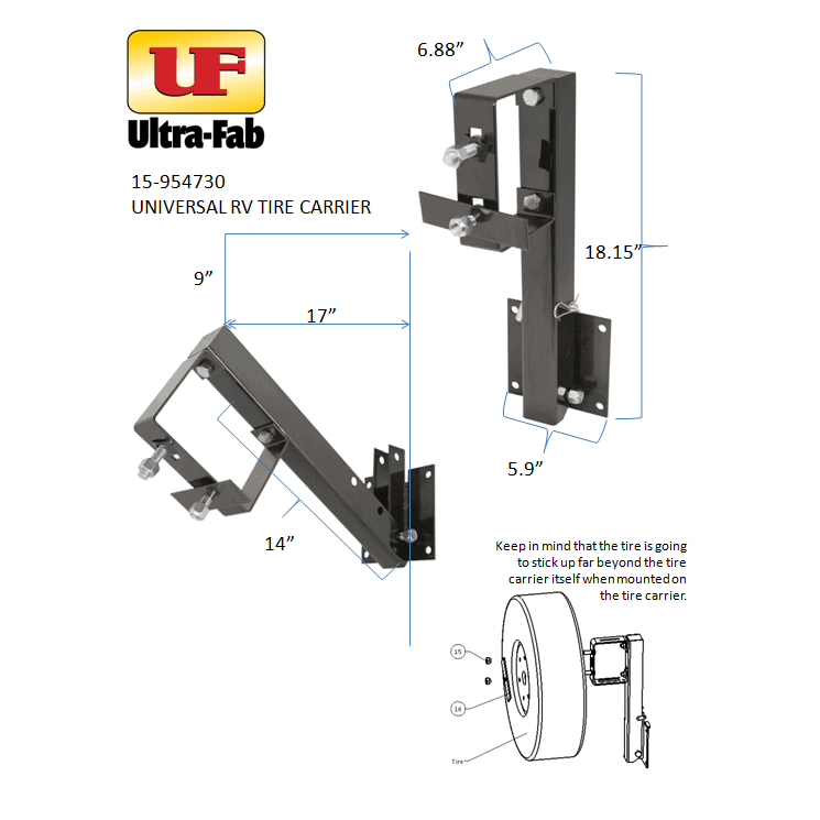 Ultra-Fab Products Spare Tire Carrier, Clamps To 4 in Wide Rear Box Style Bumper, Black, Steel - 15-954730