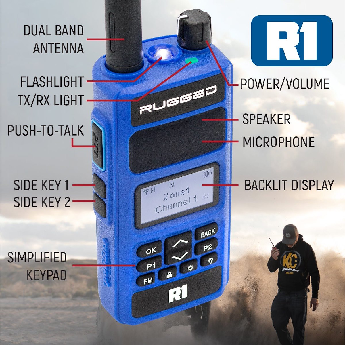Rugged Radios HAM Radio, 136 MHz To 174 MHz And 400 MHz To 480 MHz Frequency, 1024 Channels And 250 Zone Capacity, 7.4 V DC - R1