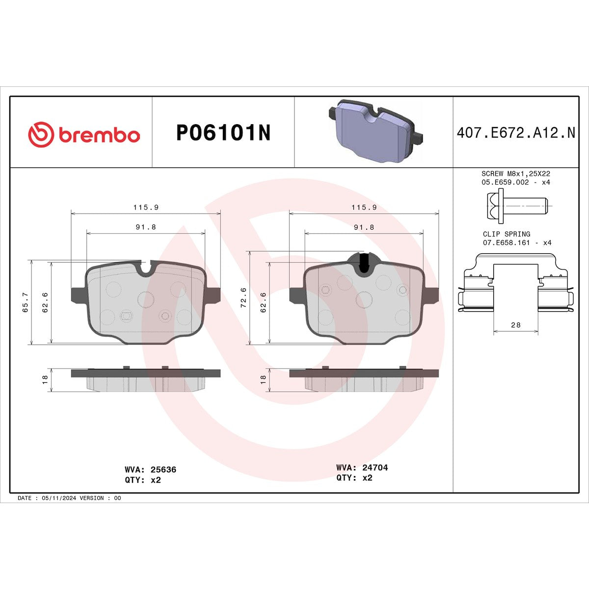 Brembo Brake Pad, FMSI Number D1850-9077, Ceramic, Set Of 4 - P06101N