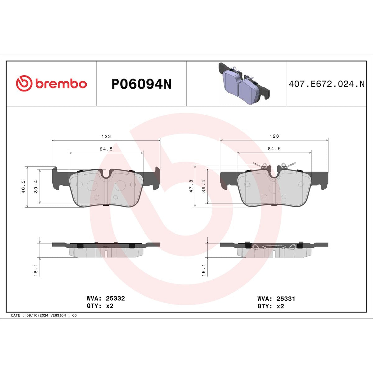 Brembo Brake Pad, FMSI Number D1762-8993, Ceramic, Set Of 4 - P06094N