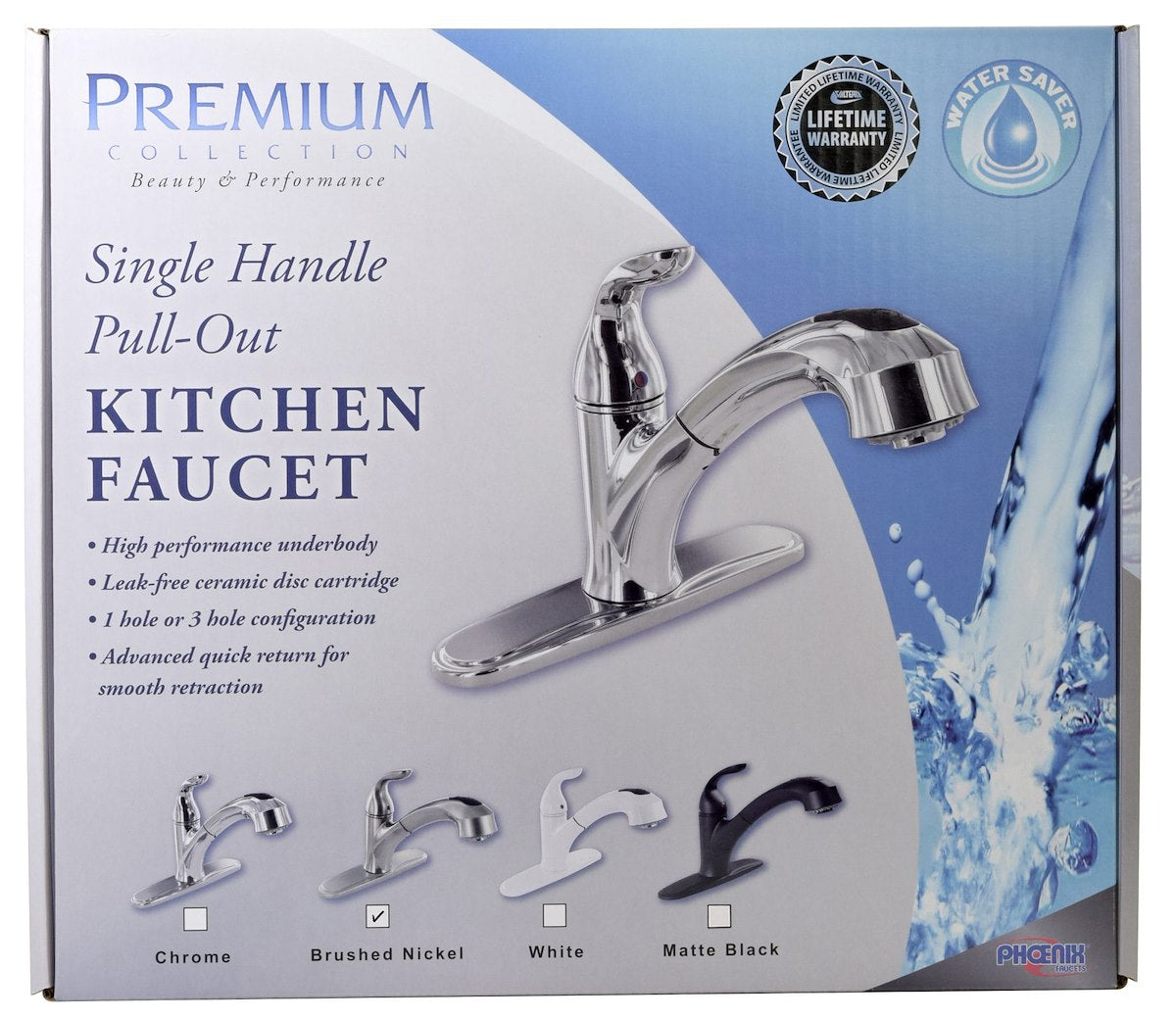 Phoenix Products Faucet, 10 in Pull Out Spout, 1 Hole Or 3 Hole Application, Ceramic Disc Valve - PF231441