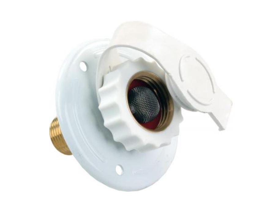 JR Products Fresh Water Inlet, 1/2 in Male Pipe Thread (MPT) x 3/4 in Hose Fitting, For 1-1/2 in Cutout, White - 62165