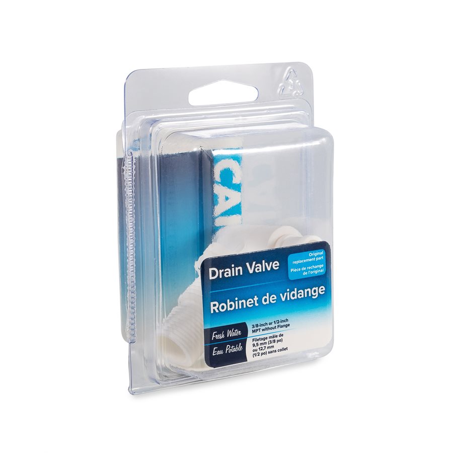 Camco Fresh Water Tank Drain Valve, Dual Hose Size To Fit 1/2 in or 3/4 in, With 3/8 in and 1/2 in Male NPT Thread - 22243