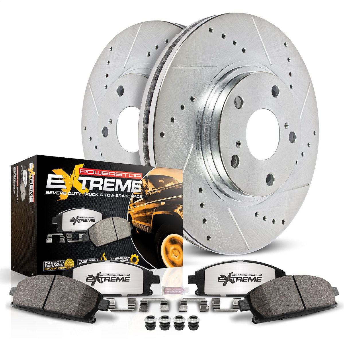 Power Stop Brake Kit, Z36 Extreme Carbon Fiber Ceramic Brake Pads, Silver Zinc Plated Cross-Drilled And Slotted Rotor - K2069-36