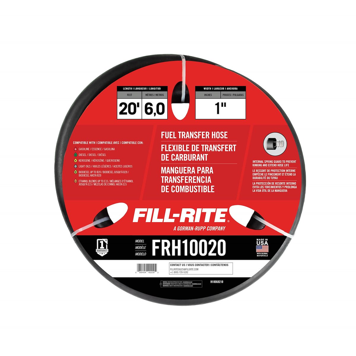 Fill-Rite Liquid Transfer Tank Pump Hose, 20 ft Length x 1 in, 1 in NPT Thread, Black - FRH10020