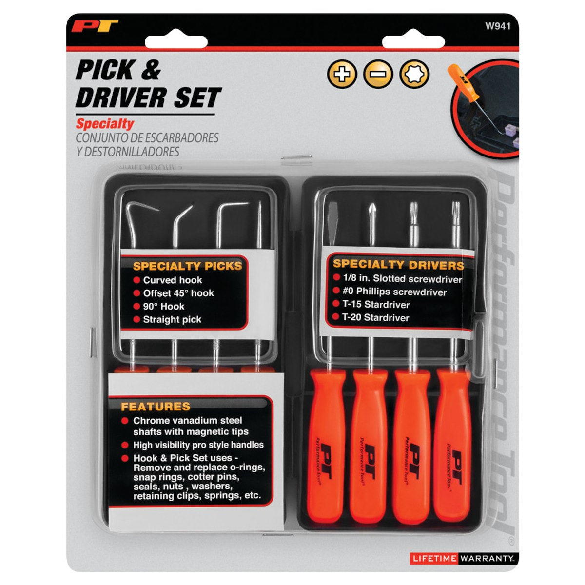 Performance Tool Hook And Pick Tool Set, Chrome Vanadium Steel Shafts With Magnetic Tips, 8 Pieces, Set of 8 - W941