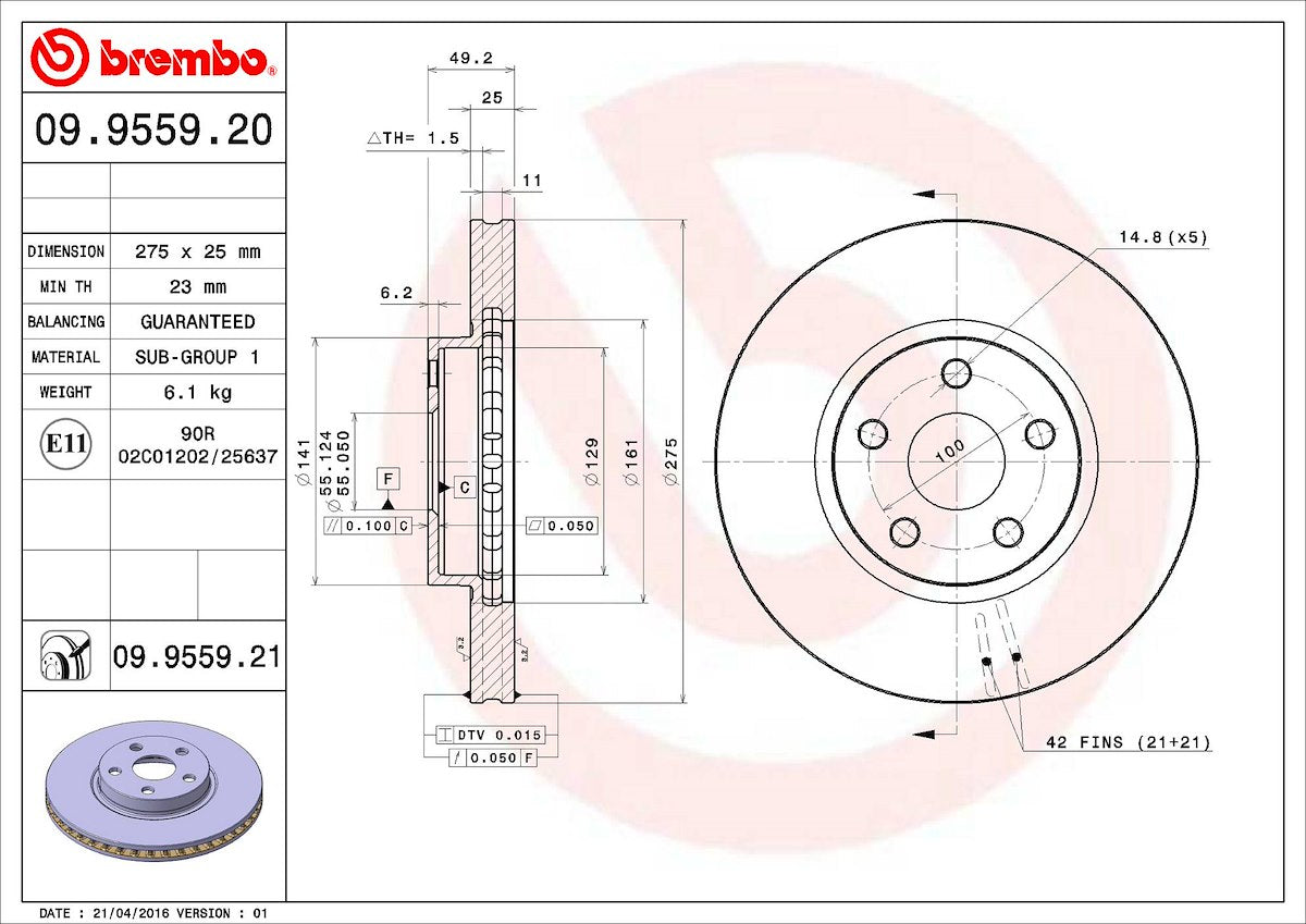 Brembo Brake Rotor, Vented Cross Drilled, Wheel Bolt Pattern 5 x 100 Millimeter, 129 Millimeter Hat Inside Diameter - 09955921C02