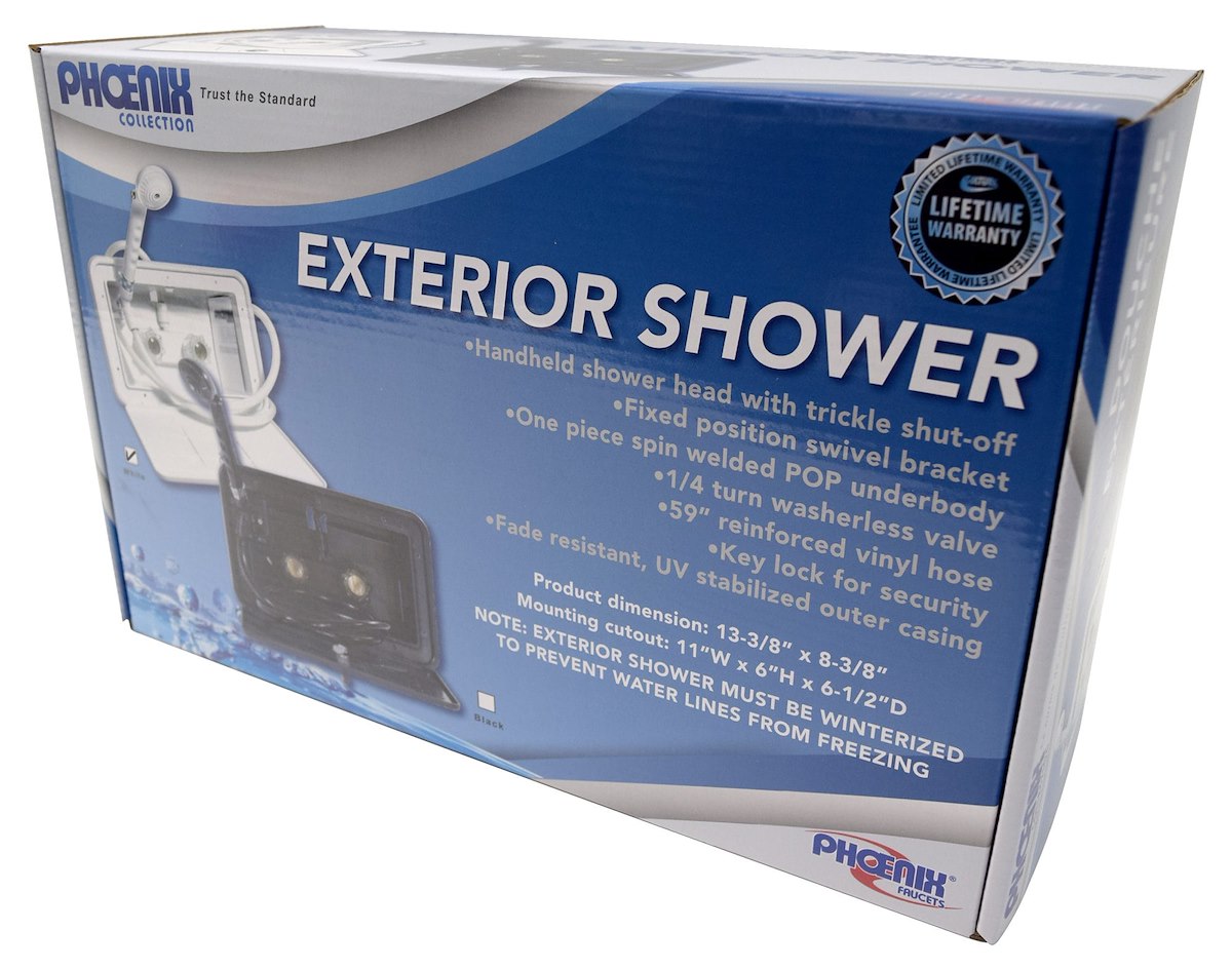 Phoenix Products Exterior Shower, White, With 2 Knob Handle/Hand-Held Shower Head With 59 in Vinyl Hose - PF266201