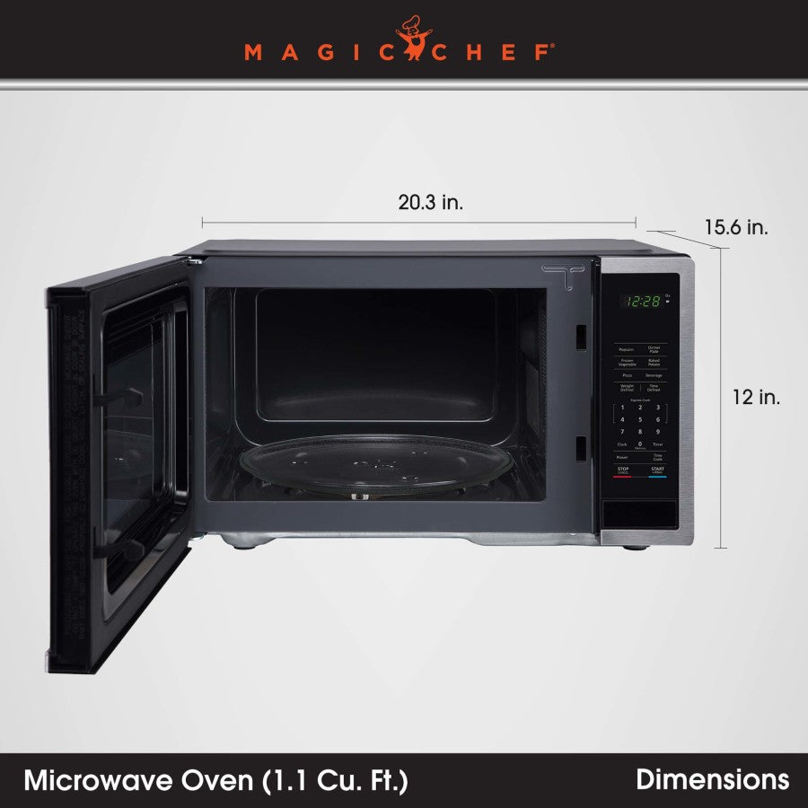Magic Chef Microwave Oven, 1.1 Cubic ft Capacity, 20.3 in Width x 12 in Height x 15.6 in Depth Overall Dimension, Stainless Steel - MC110MST