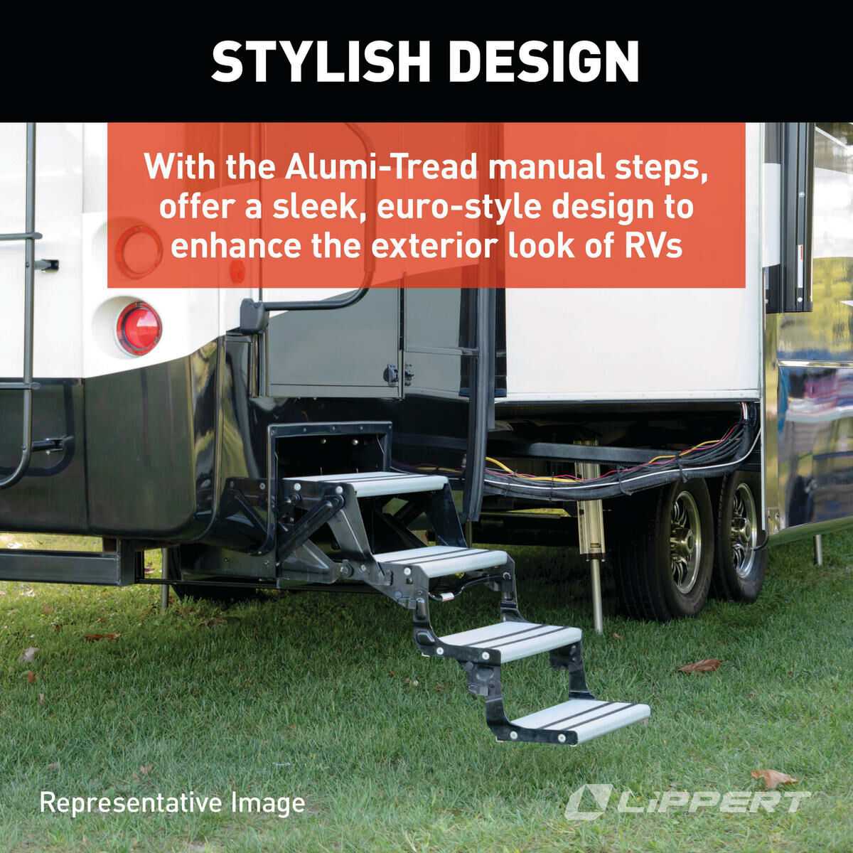 Lippert Entry Step, 3 Manual Folding Step, 24 in Width x 8-1/2 in Depth, With 9 in Rise - 432696