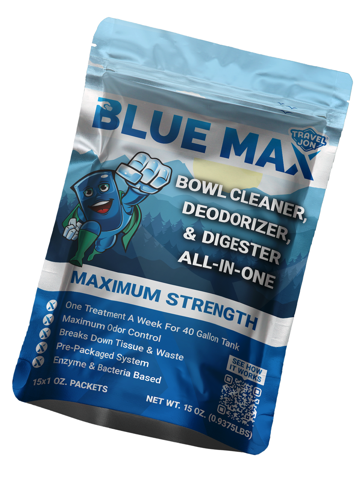 Century Chemical Waste Holding Tank Treatment, Travel Jon BLUE MAX, 1 Packet Treats Up To 40 gal Holding Tank, 1 oz Packet - 20063-CS