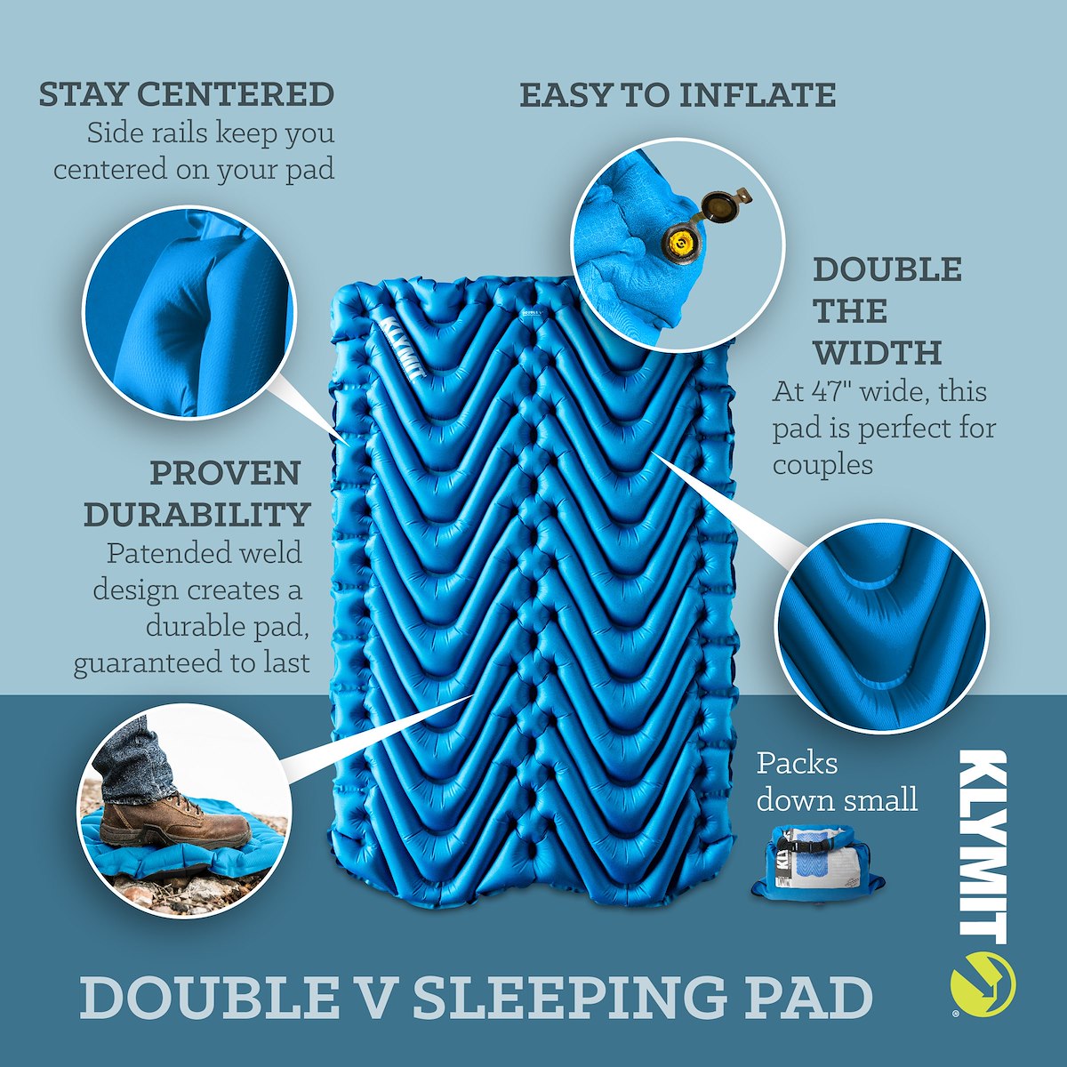 Klymit Sleeping Pad, 74 in Length x 47 in Width x 3 in Height Inflated Double, Blue, 75D Polyester Fabric - 06DVBL02E