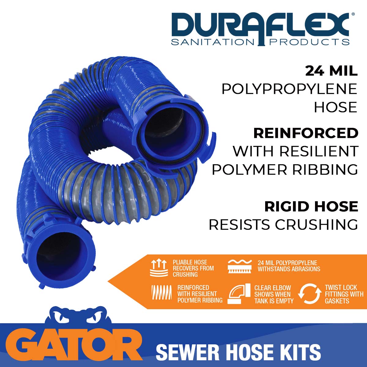 Duraflex Sewer Hose, 20 ft Extended Length, 76 in Compressed Length, 3 in Hose Diameter - 22006