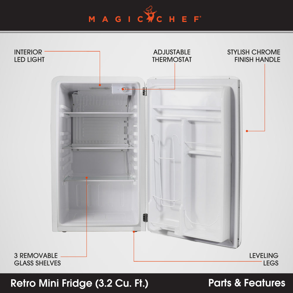 Magic Chef Refrigerator, 3.2 Cubic ft Capacity, 120 V, With Cabinet LED Light - MCR32CHW