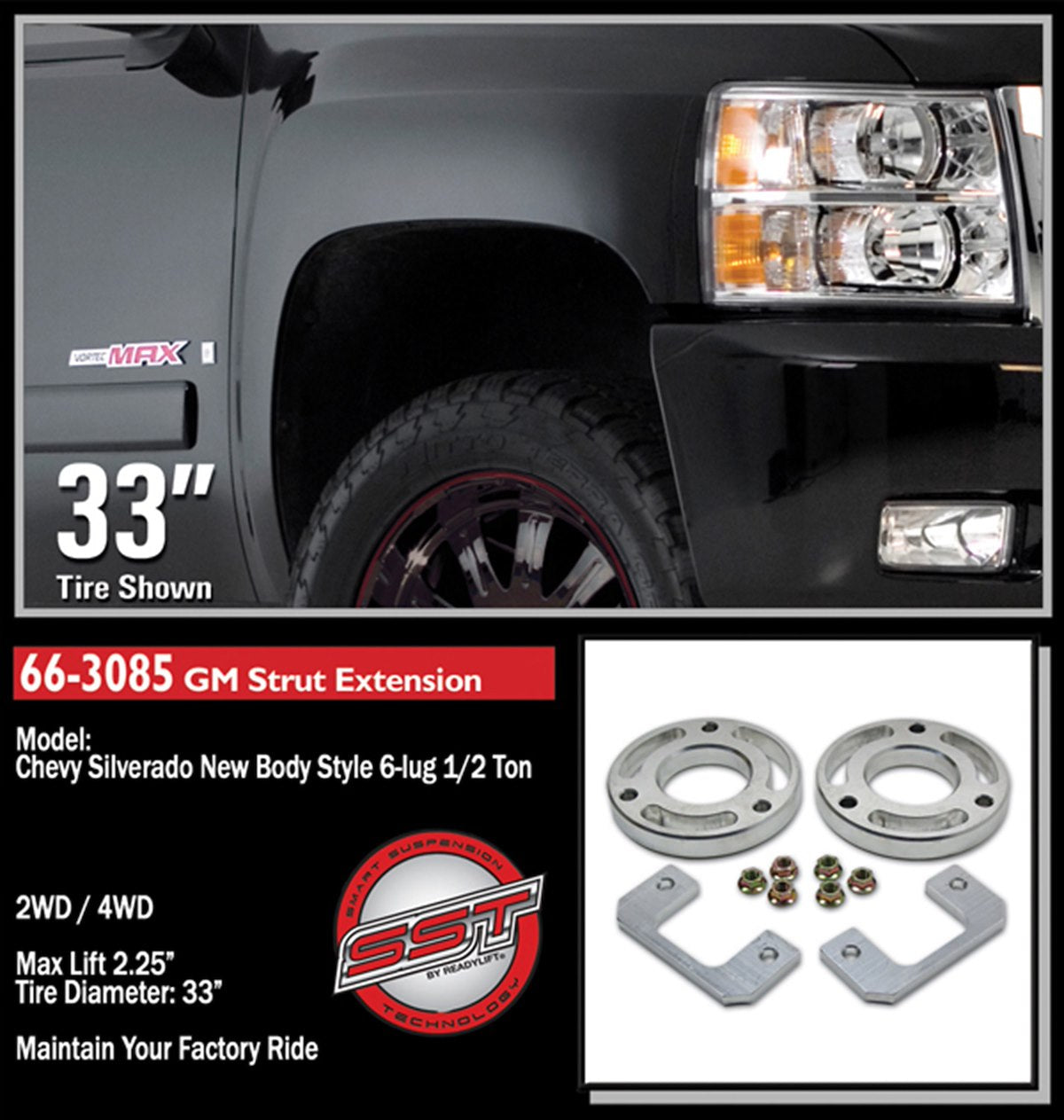 ReadyLIFT Leveling Kit Suspension, 2.25 in, Includes 2 Strut Extensions/2 Strut Spacers and Hardware - 66-3085