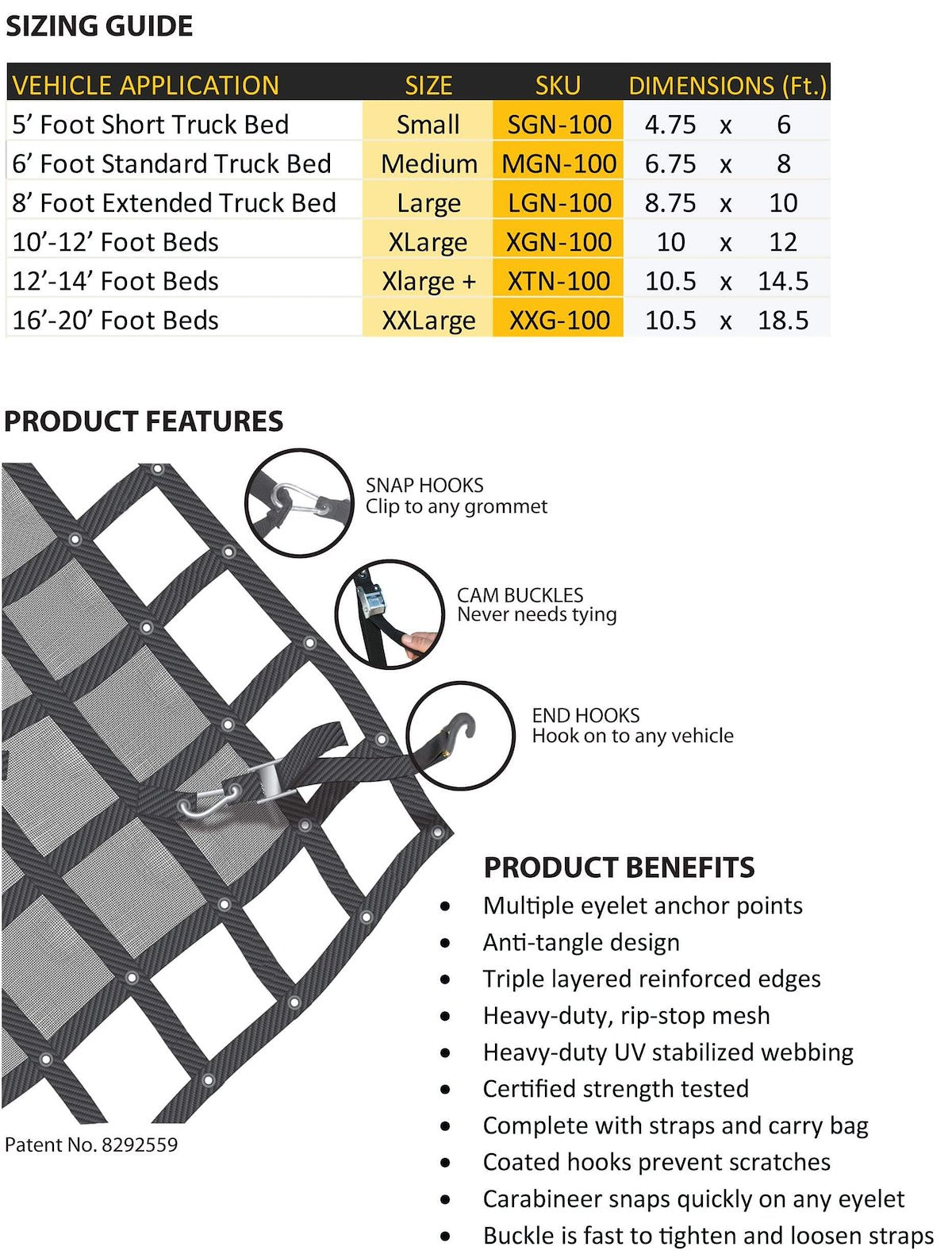 Gladiator Cargo Nets Exterior Cargo Net, 6.75 ft Width x 8 ft Length, 73 in x 89 in Mesh Coverage - MGN-100