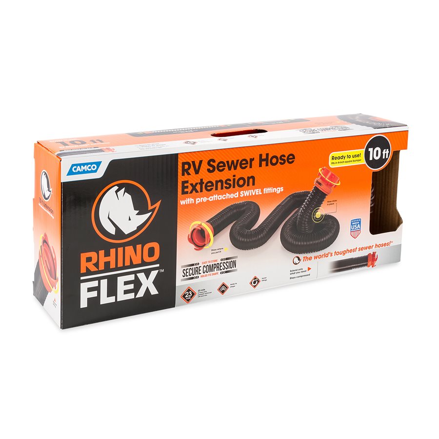 Camco Sewer Hose, 10 ft Extended Length, 3 in Diameter, 23 Mil Polyolefin Reinforced With Steel Wire - 39764