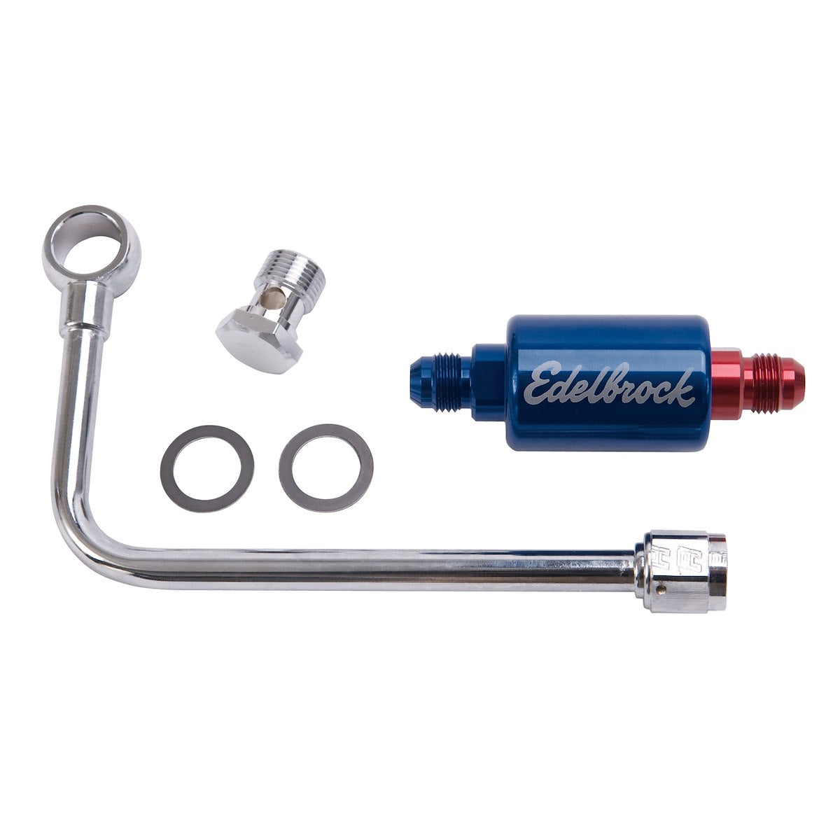 Edelbrock Carburetor Fuel Line, Chrome, With Banjo Fitting/Gaskets/Blue Anodized Fuel Filter - 8134