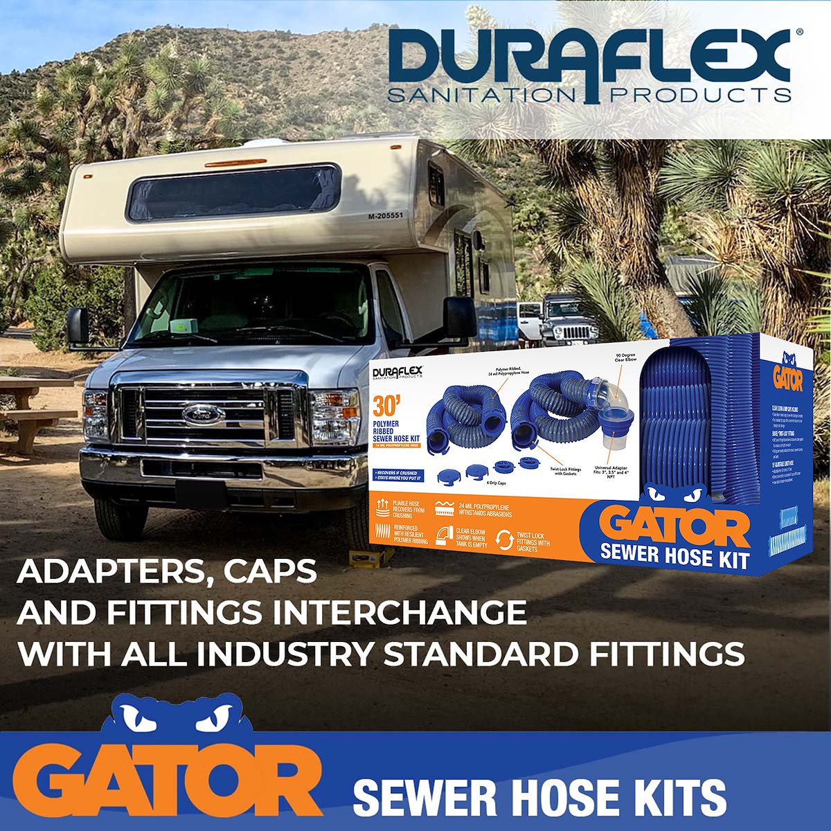 Duraflex Sewer Hose, 30 ft Extended Length, 114 in Compressed Length, 3 in Hose Diameter - 22008