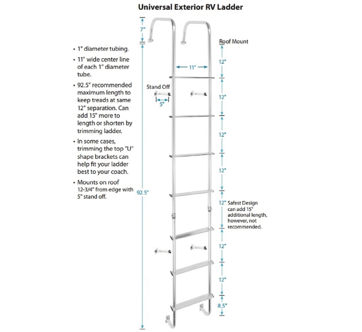 Stromberg Carlson Rear Door Ladder, Fits On Rear Of Any RV Straight Or Contoured, Aluminum, 1 in Diameter Tubing/Flat Steps - LA-401