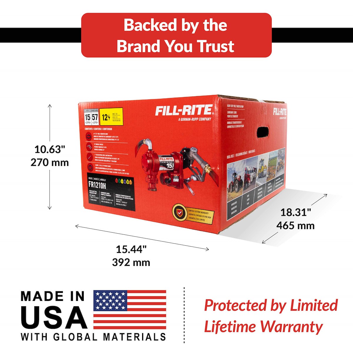 Fill-Rite Liquid Transfer Tank Pump, Diesel/Gasoline/Kerosene/E15 And Biodiesel Up To B20, 12 V DC, Up To 15 gal Per Minute - FR1210H