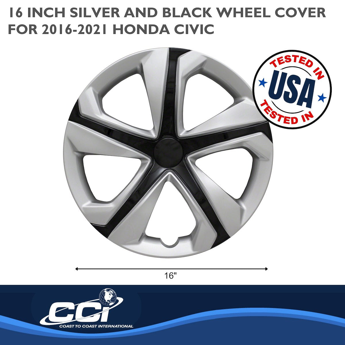 Coast2Coast Wheel Cover, 16 in, 5 Spoke, Silver/Black, Set Of 4 - IWC52016SB