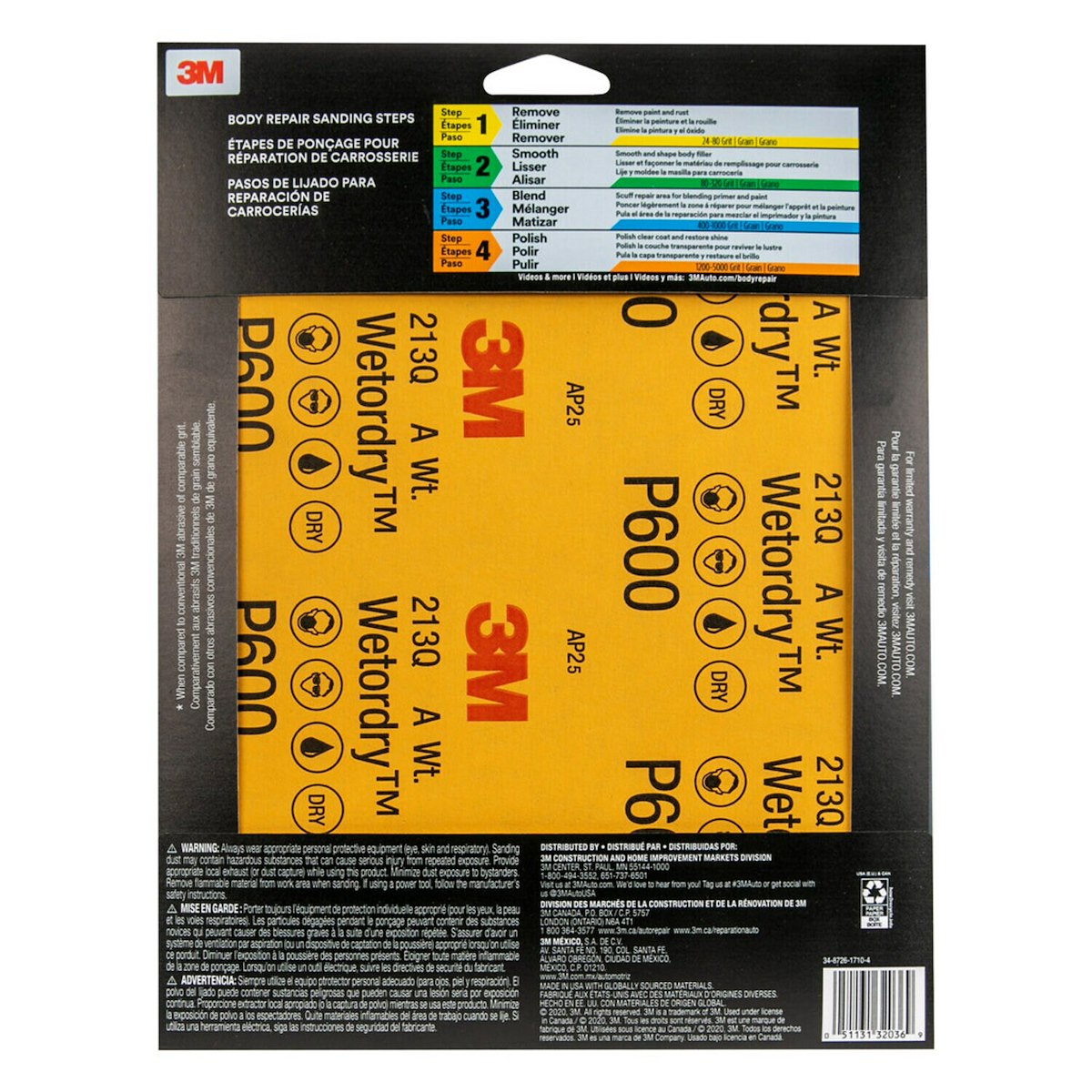 3M Sandpaper, P600 Grit, 9 in x 11 in, Aluminum Oxide, Pack of 5 - 32036