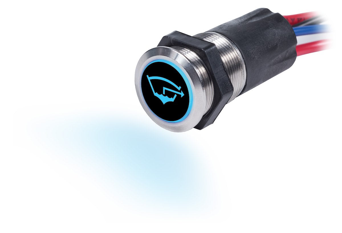 Blue Sea Push Button Switch, 15 amp, Backlite Blue When Off And Red When On, Stainless Steel - 4180-BSS