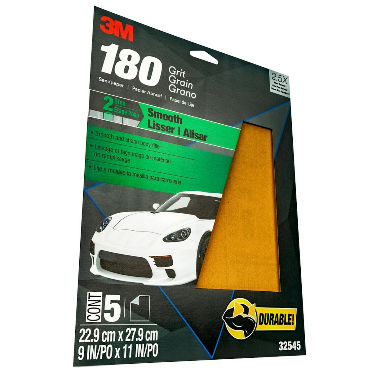 3M Sandpaper, P180 Grit, 9 in x 11 in, Aluminum Oxide, Pack of 5 - 32545