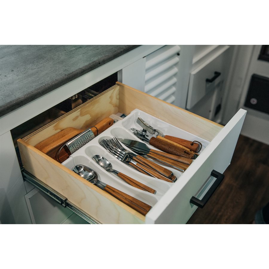 Camco Cutlery Tray, Adjustable From 9 in To 13 in Width x 1-3/4 in Height, With 5 Compartments, White - 43503