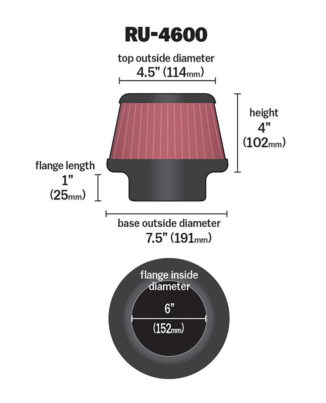 K&N Air Filter, Red, Round Tapered, 6 in Flange Inside Diameter x 1 in Flange Length - RU-4600