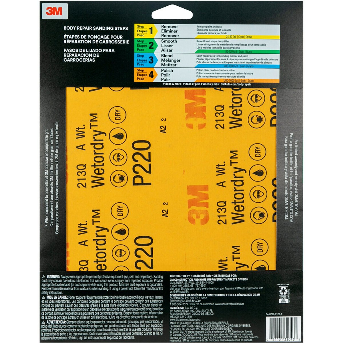 3M Sandpaper, Used For Featheredging/Primer Sanding, P220 Grit, 9 in x 11 in, Pack of 5 - 32043