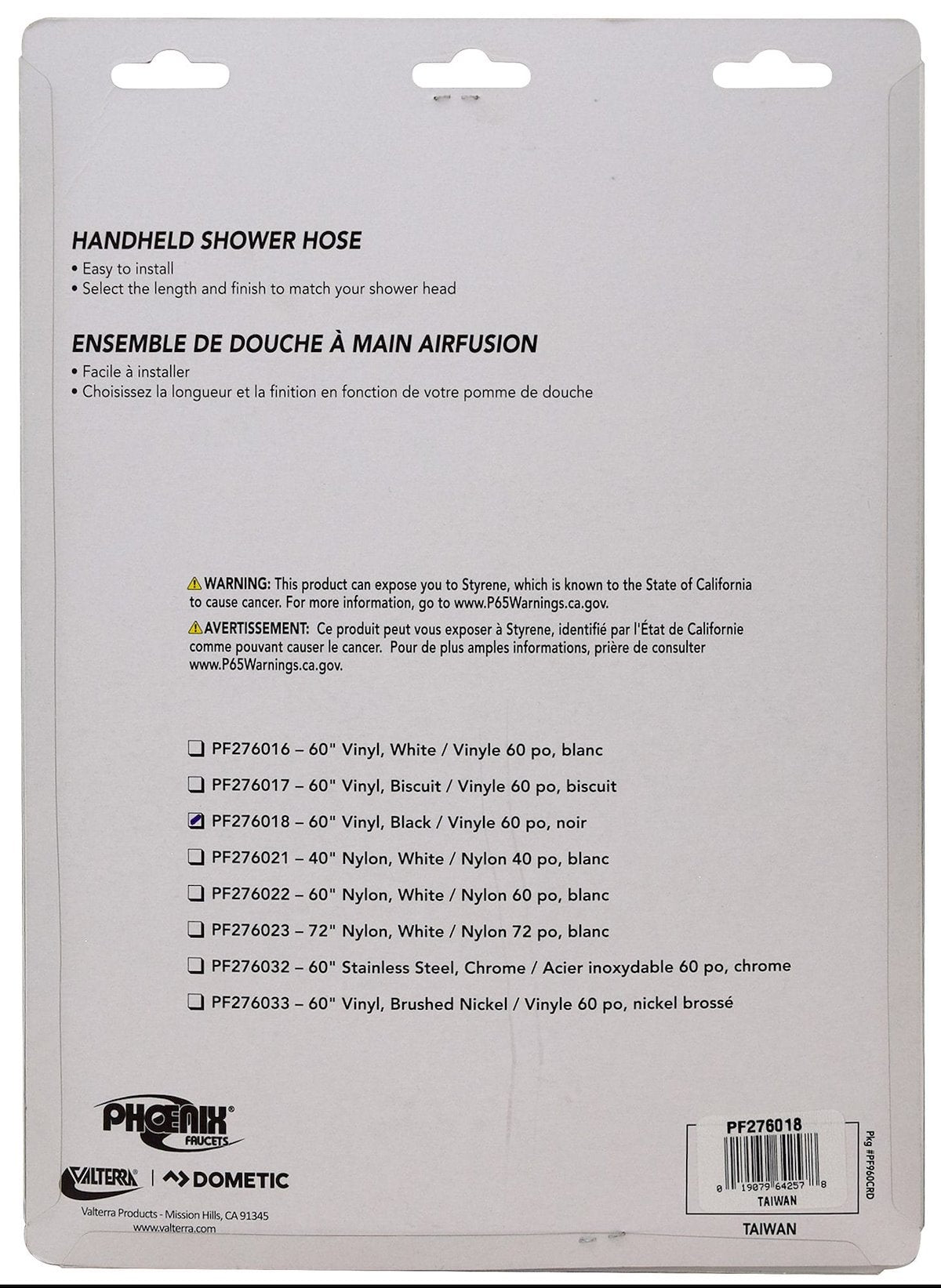 Phoenix Products Shower Head Hose, 60 in Length, Fits Phoenix Exterior Shower Part Number 377BK, Black/Vinyl - PF276018