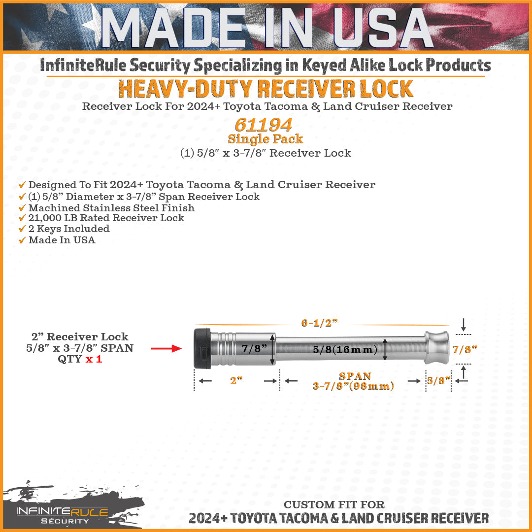InfiniteRule Trailer Hitch Pin, For Use With 2 in Receiver, 5/8 in Diameter, 3-7/8 in Length Span Receiver Lock - 61194-S