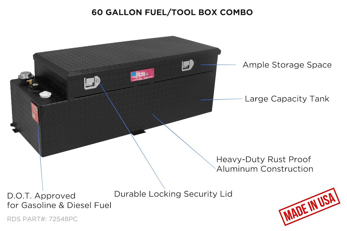 RDS Tanks Liquid Transfer Tank, 20 in Length x 48 in Width x 6-1/4 in Height Tool Box, 60 gal Capacity, Black - 72548PC