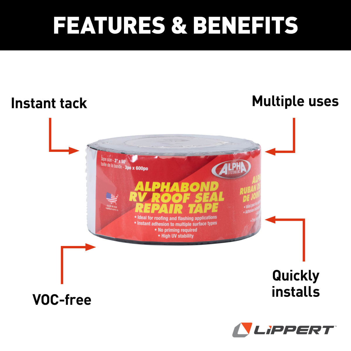 Lippert Caulk Sealant, Alphabond/Alpha Systems QTPOBL350LCI, Black, 3 in Width x 50 ft Roll - 862406