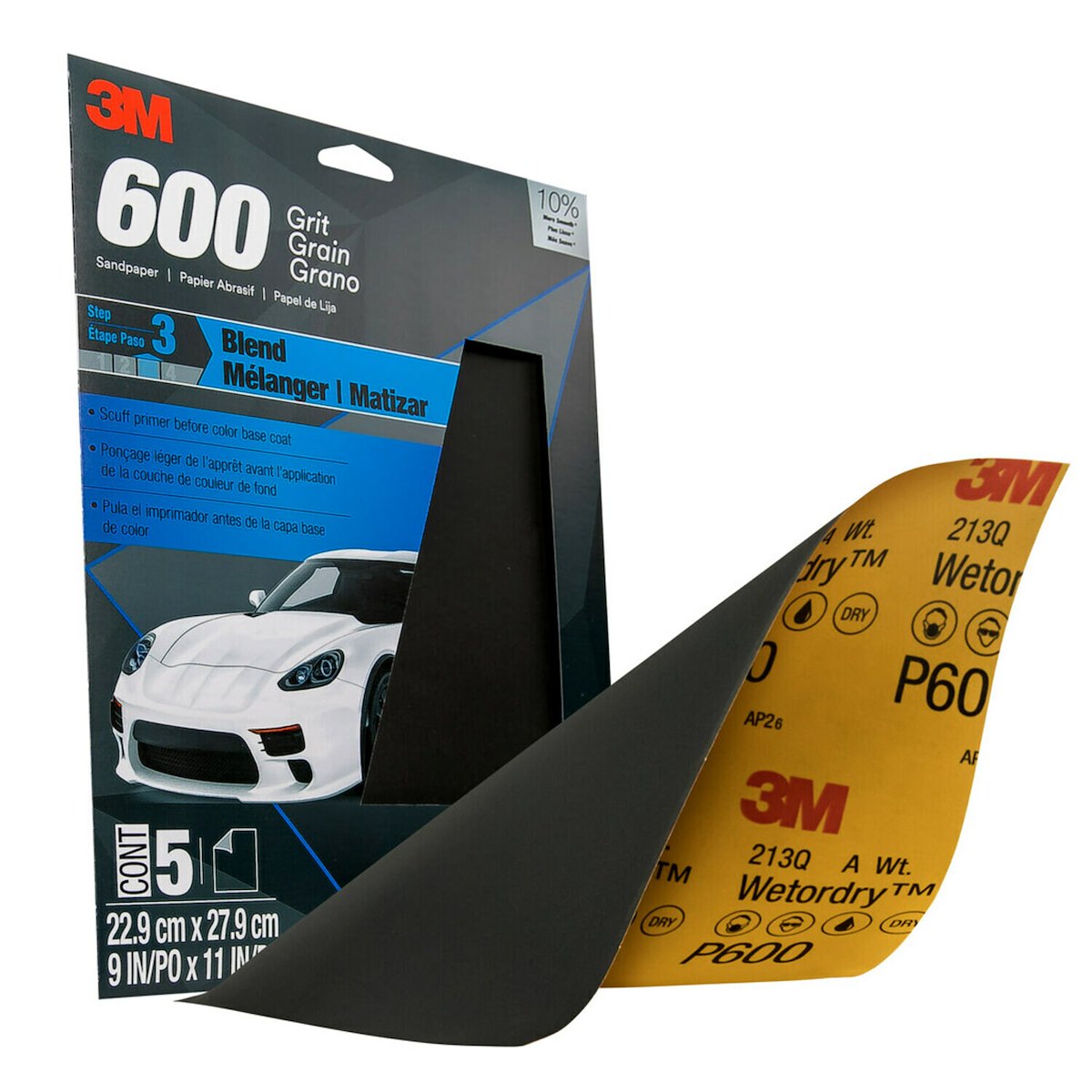 3M Sandpaper, P600 Grit, 9 in x 11 in, Aluminum Oxide, Pack of 5 - 32036