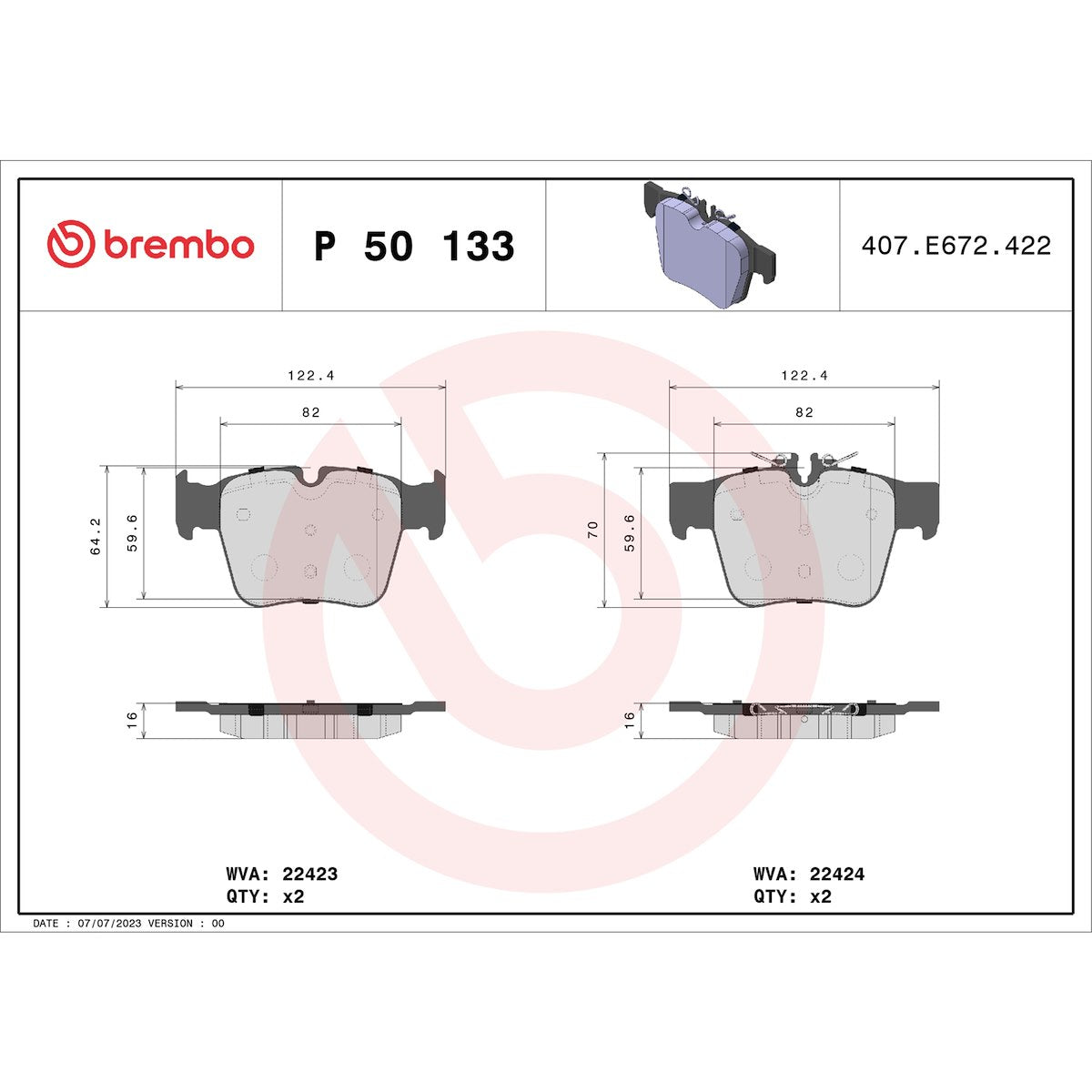 Brembo Brake Pad, FMSI Number D1872-9101, Set Of 4 - P50133