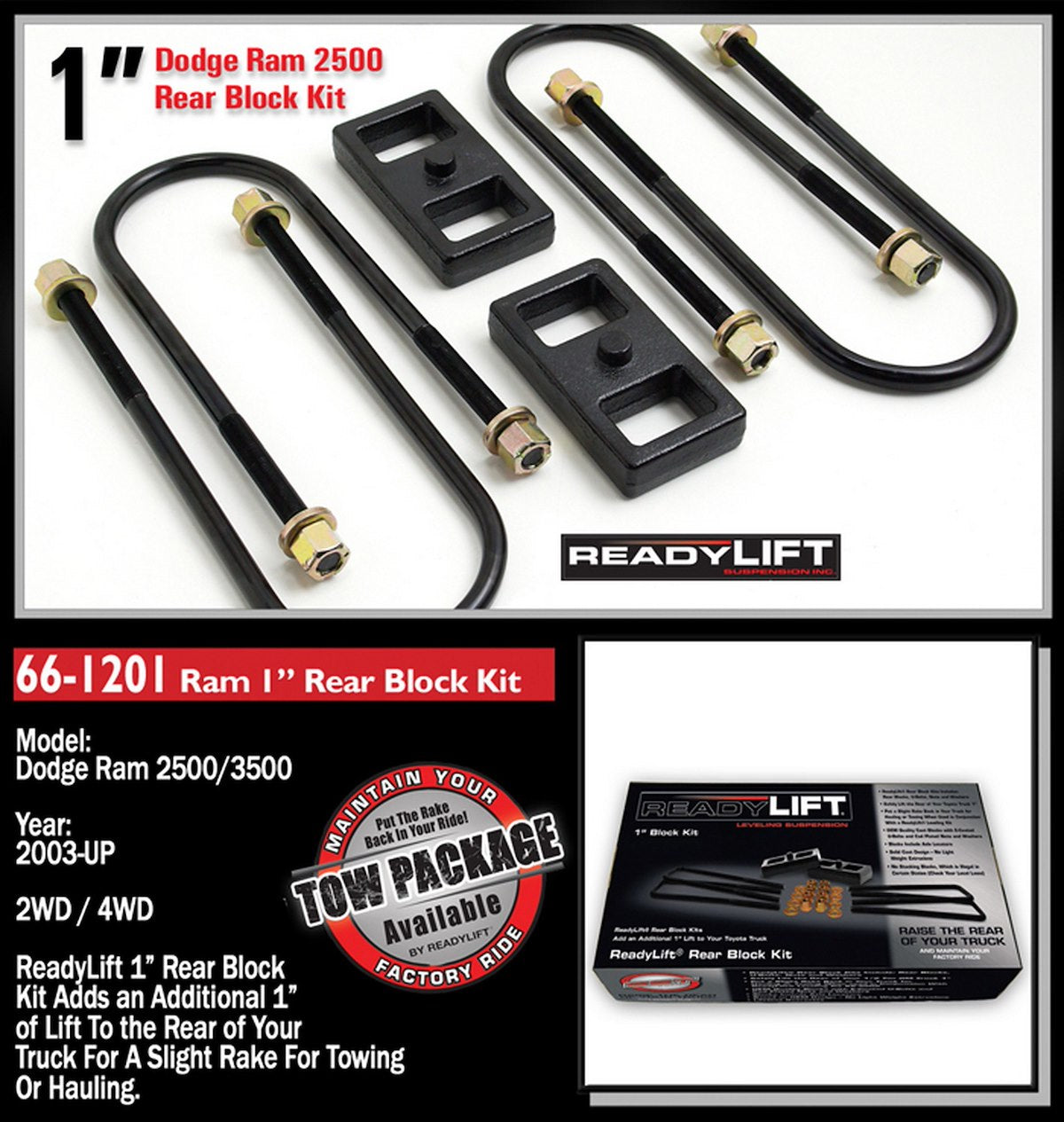 ReadyLIFT Leaf Spring Block Kit, 1 in Rear Lift, Includes 2 Rear Blocks/4 U-Bolts and Hardware - 66-1201