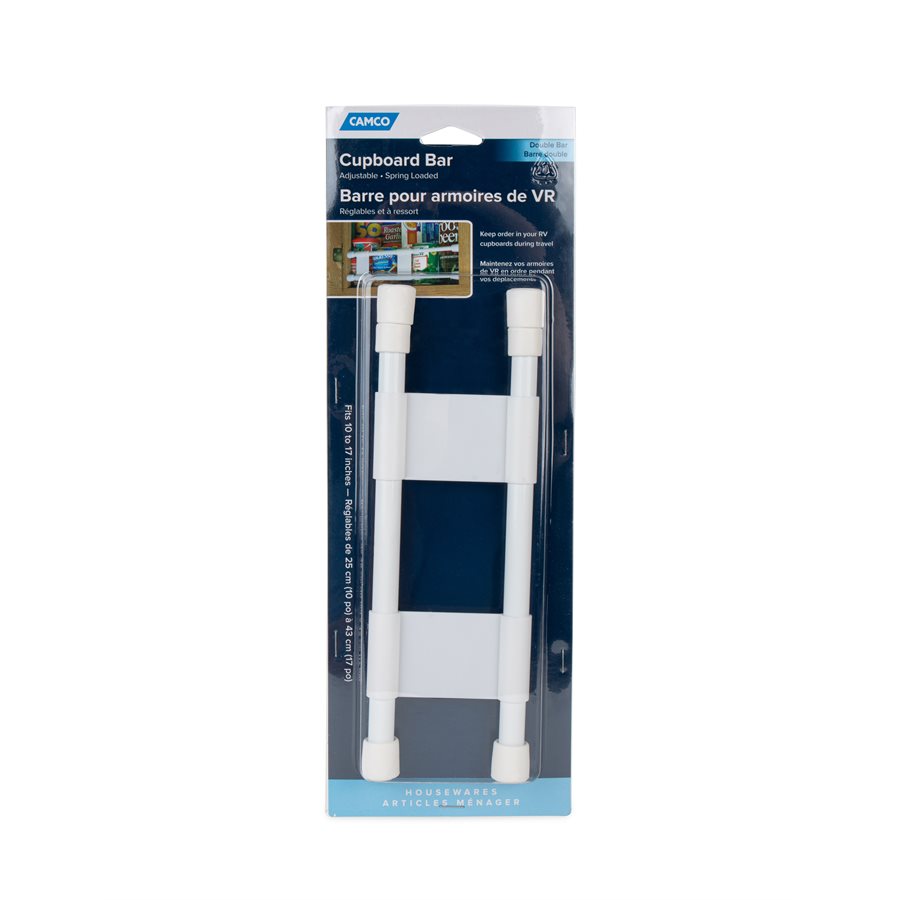 Camco Cabinet Content Brace, Bar Extends From 10 in Length to 17 in Length, White Plastic - 44093