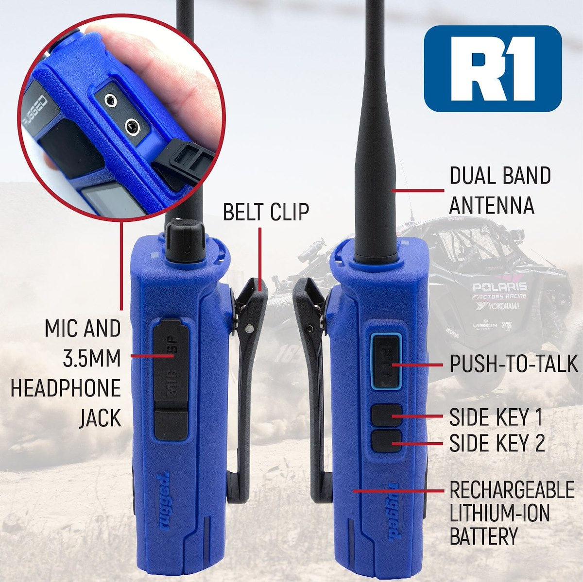 Rugged Radios HAM Radio, 136 MHz To 174 MHz And 400 MHz To 480 MHz Frequency, 1024 Channels And 250 Zone Capacity, 7.4 V DC - R1