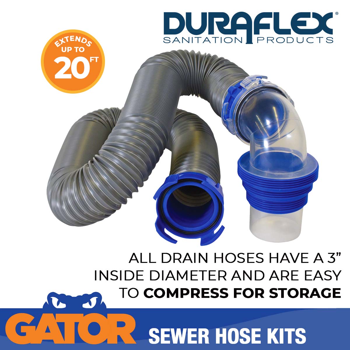 Duraflex Sewer Hose, 20 ft Extended Length, 76 in Compressed Length, 3 in Hose Diameter - 22004