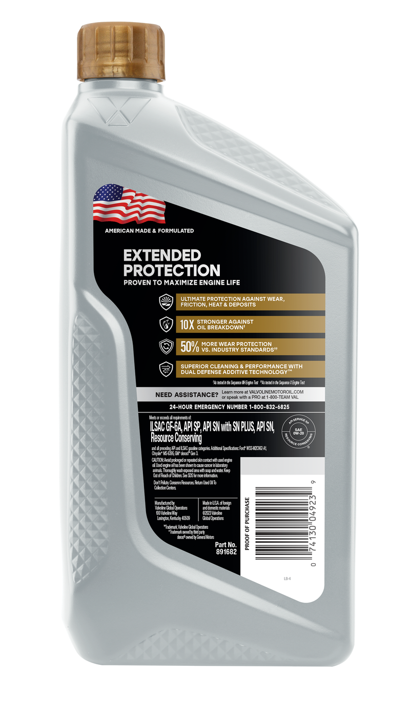 Valvoline Oil, SAE 0W-20, 1 qt Bottle - 891682