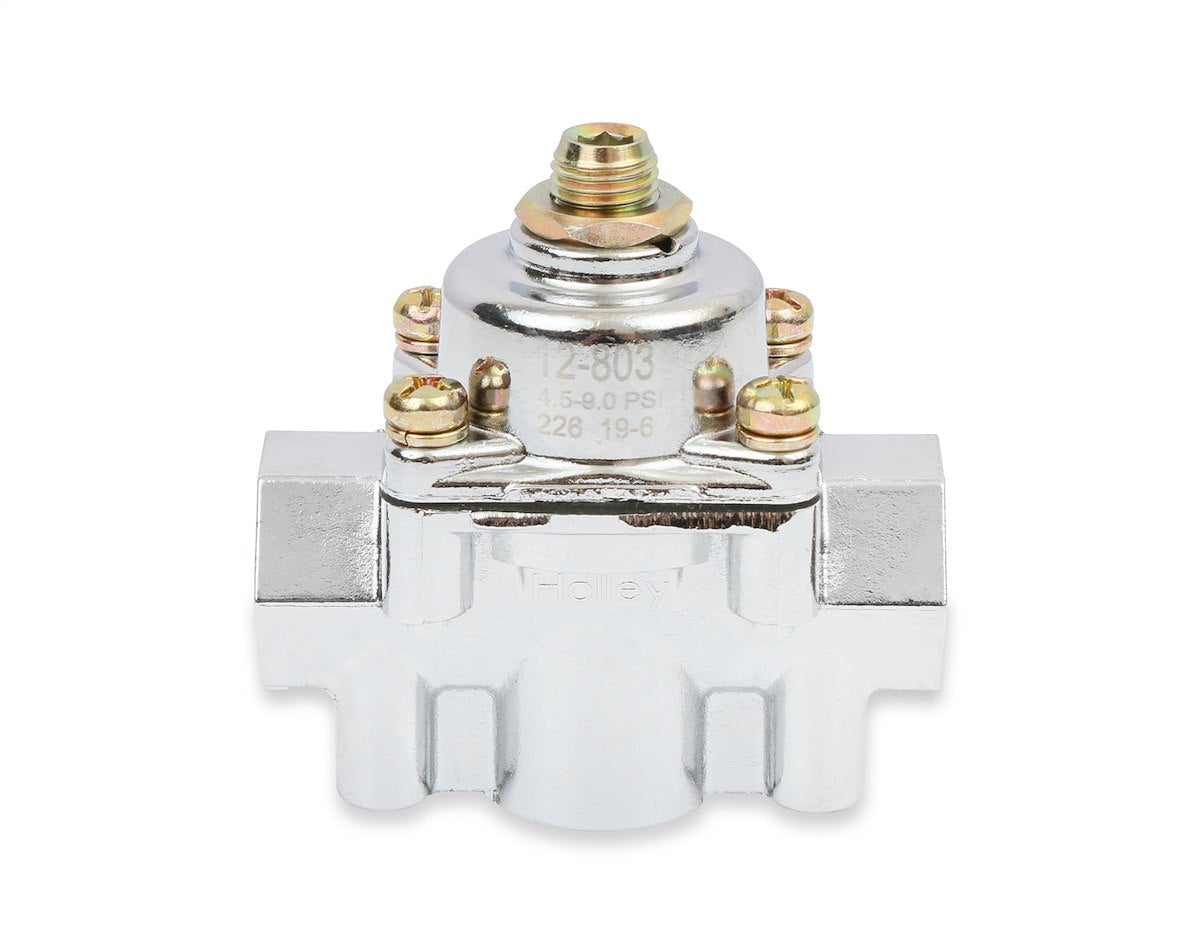 Holley Fuel Pressure Regulator, 4-1/2-9 PSI, 3/8 in NPT Inlet/Outlets, Satin Chrome - 12-803
