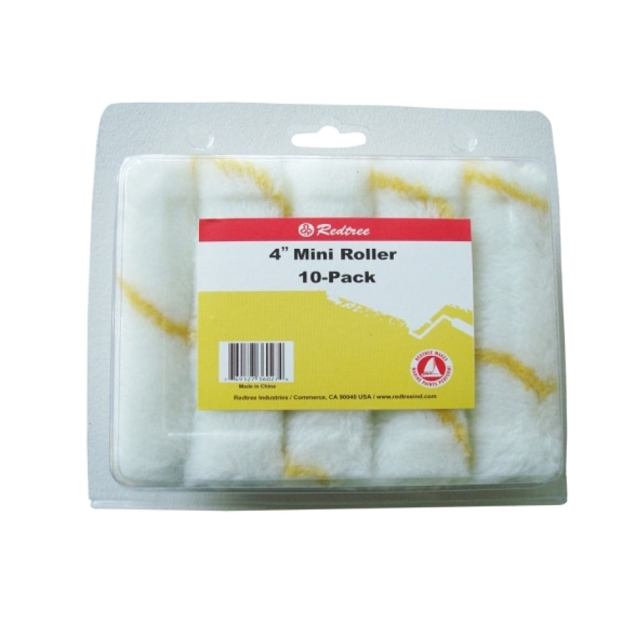 Redtree Industries Paint Roller Cover, 4 in Length x 1/2 in Thick Nap, White, Pack Of 10 - 36027