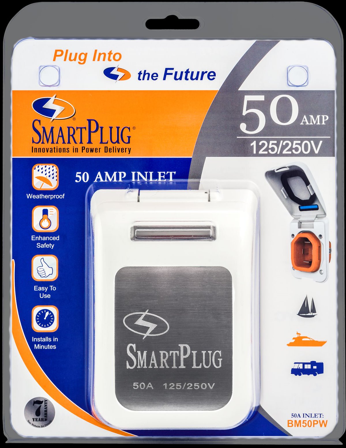 SmartPlug Systems Power Inlet Port, 50 Ampere, 125/250 V, White - BM50PW