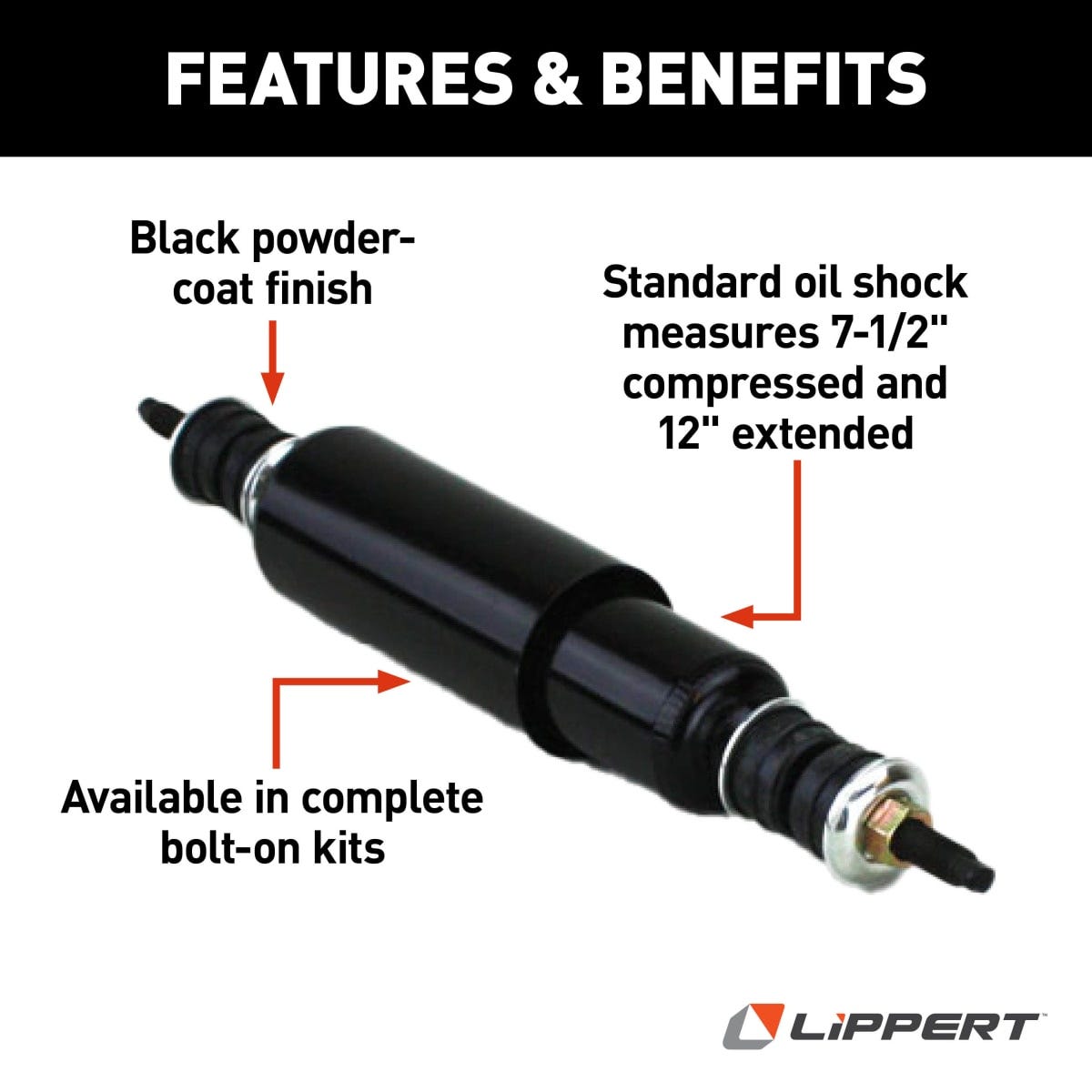 Lippert Shock Absorber, 12 in Extended Length/7-1/2 in Compressed Length, Black Enamel Finish - 283271