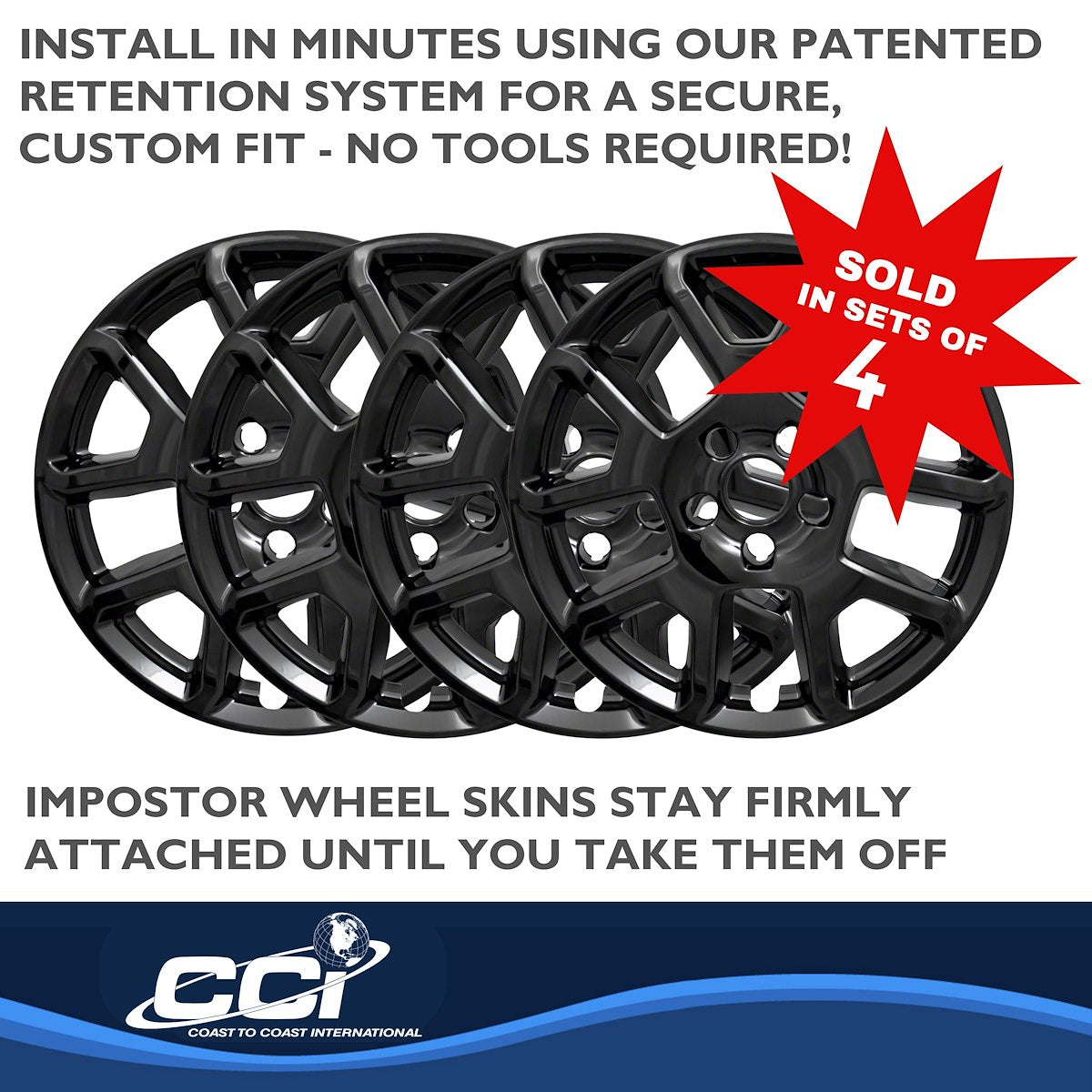Coast2Coast Wheel Skin, 17 in, 5 V Spokes, Gloss Black, Set Of 4 - IWCIMP443BLK